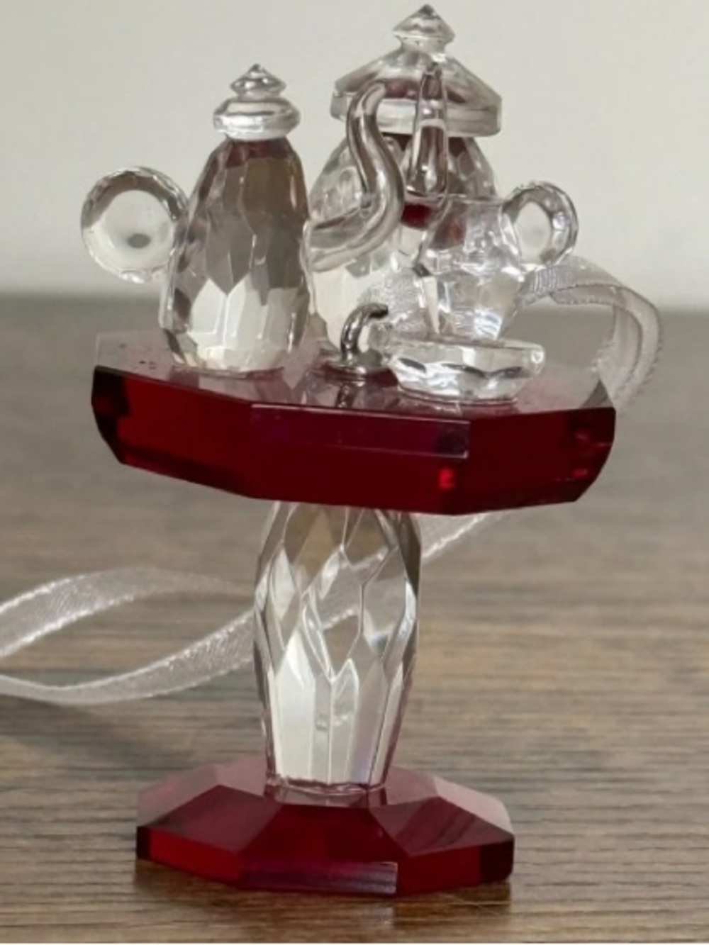Faceted Crystal Mini Tea Set Figurine in Red and Clear - Decorative Home Art